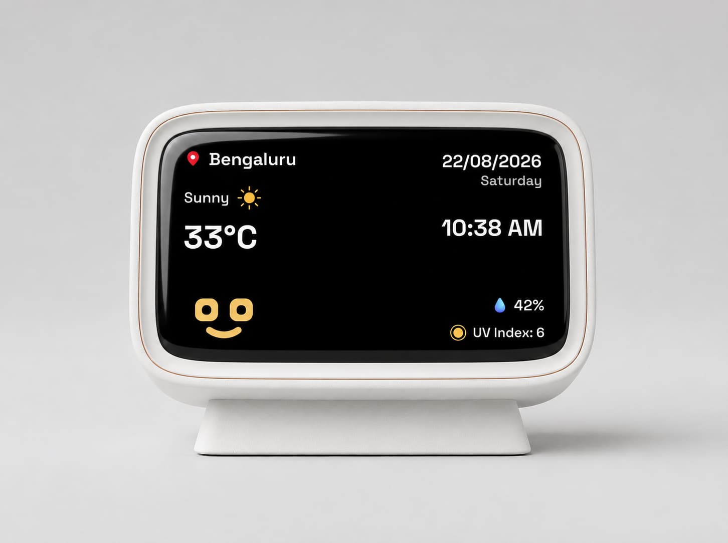 Mausam Robu device showing the day's weather at a glance, no app required